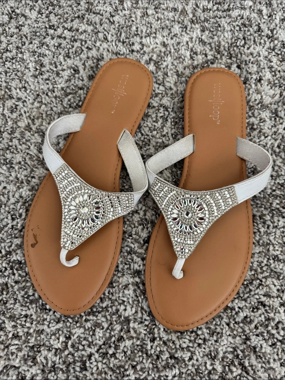 west loop Silver Crystal Embellished Tan Footbed Thong Sandals